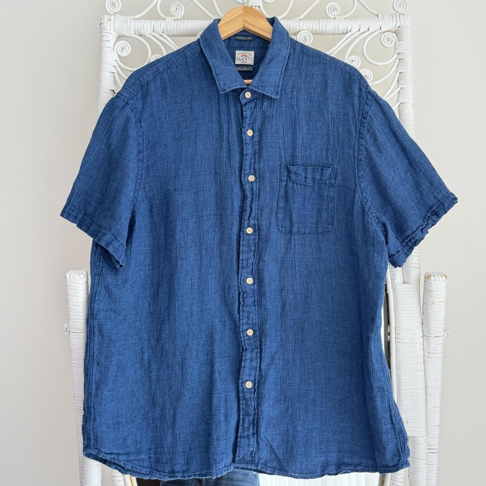 Faherty Shirt Mens XXL Blue Palma Linen Indigo Dyed Short Sleeve Button Up